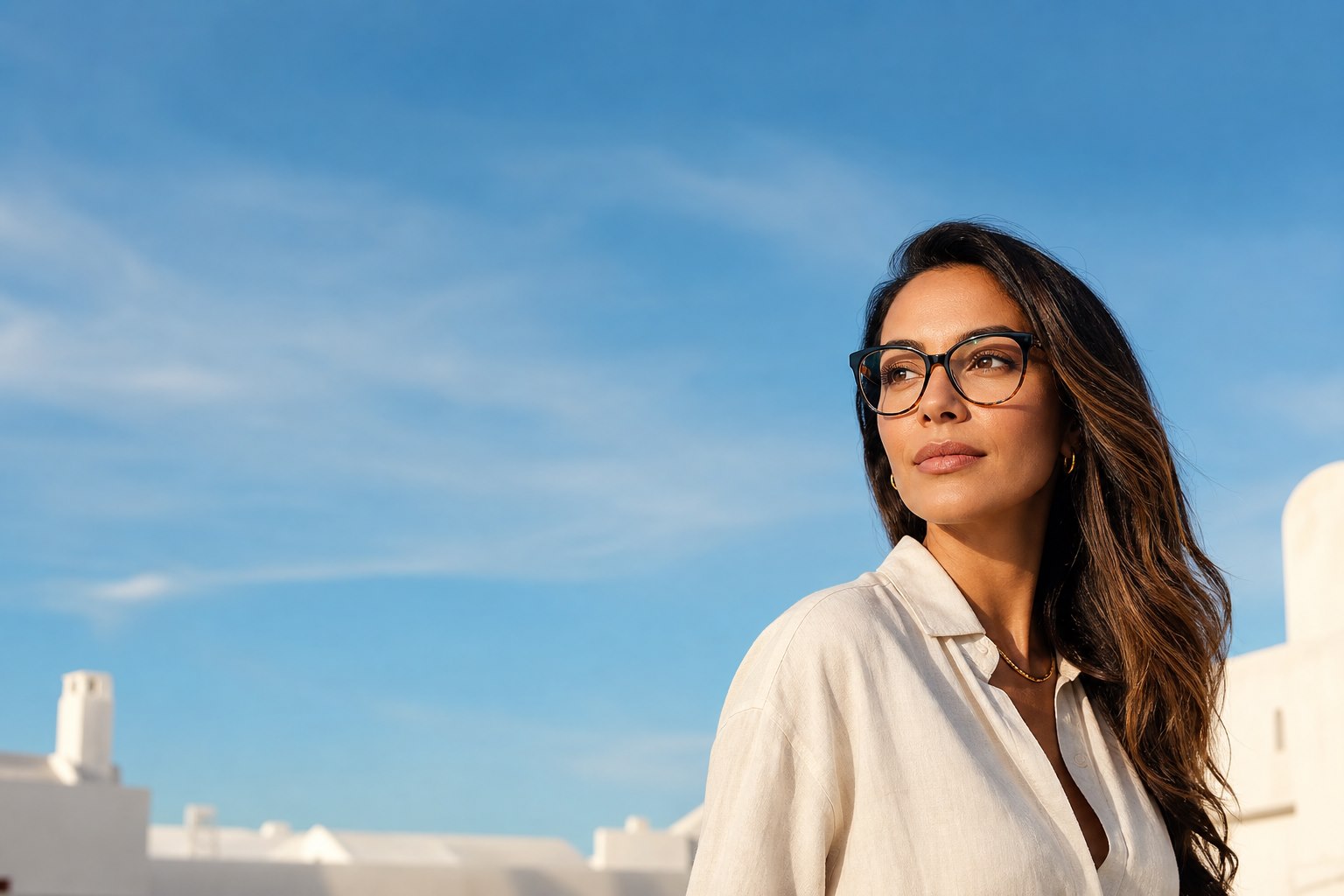 Mulher usando óculos em um retrato editorial ao ar livre, sob o céu azul